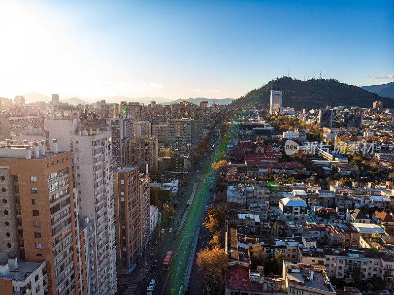 Aerial view of Santiago de Chile at sunset